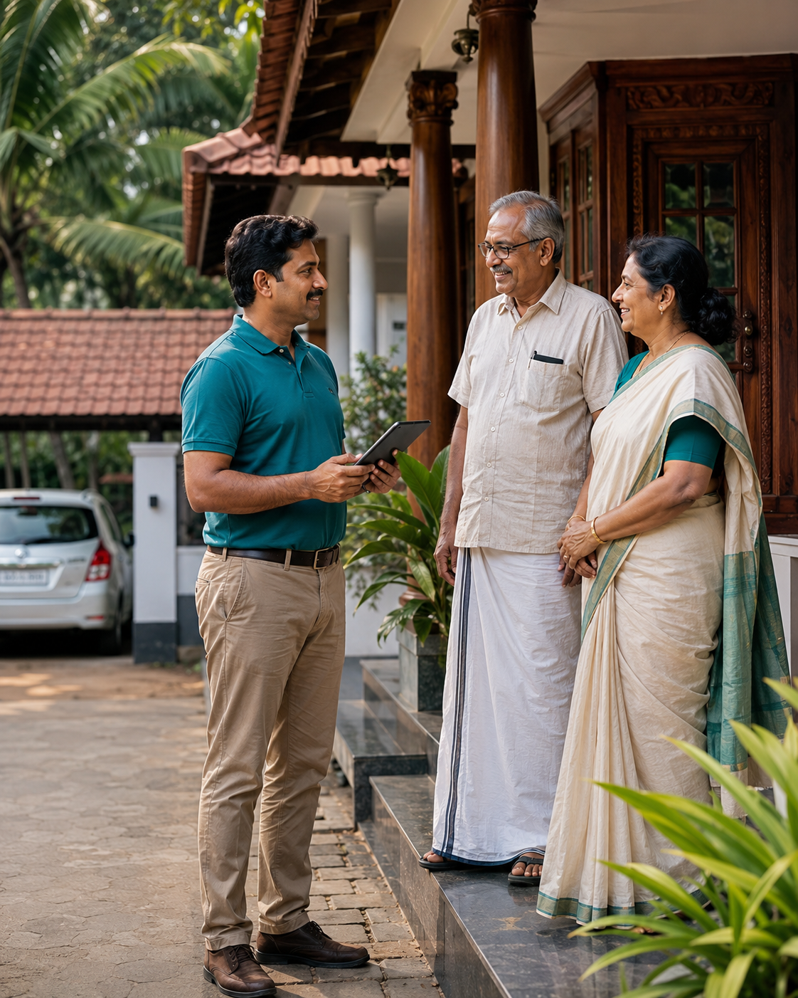 A Nattile Support Services coordinator assisting an elderly Kerala couple at their home